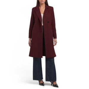 COLE HAAN Burgundy Wool Blend Single Breasted Coat
